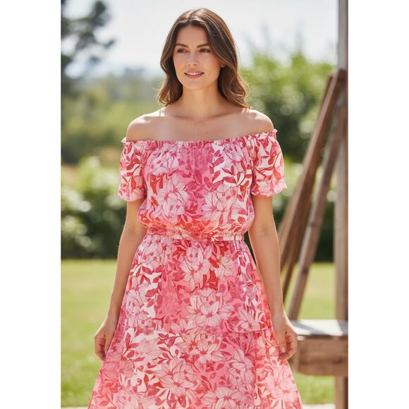 Caribbean Joe Women's Pink + Red Tropical Hawaiian Asymmetrical Dress Size Large - Picture 1 of 5